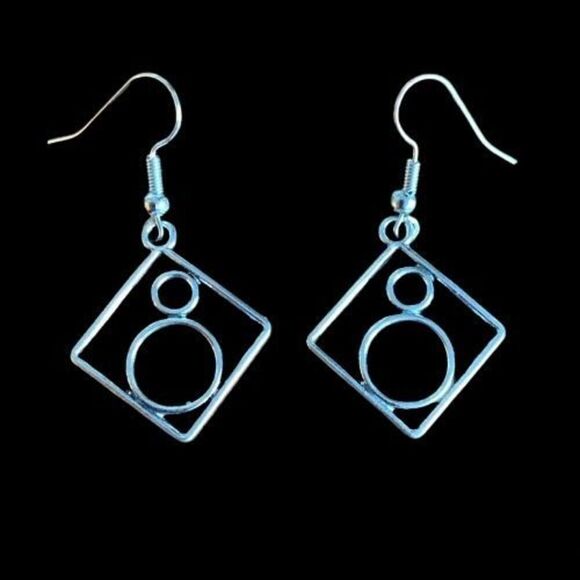 Geometric Square & Circle Dangle Earrings, Aged Silver, Sculptural Style, Unisex - Picture 1 of 9